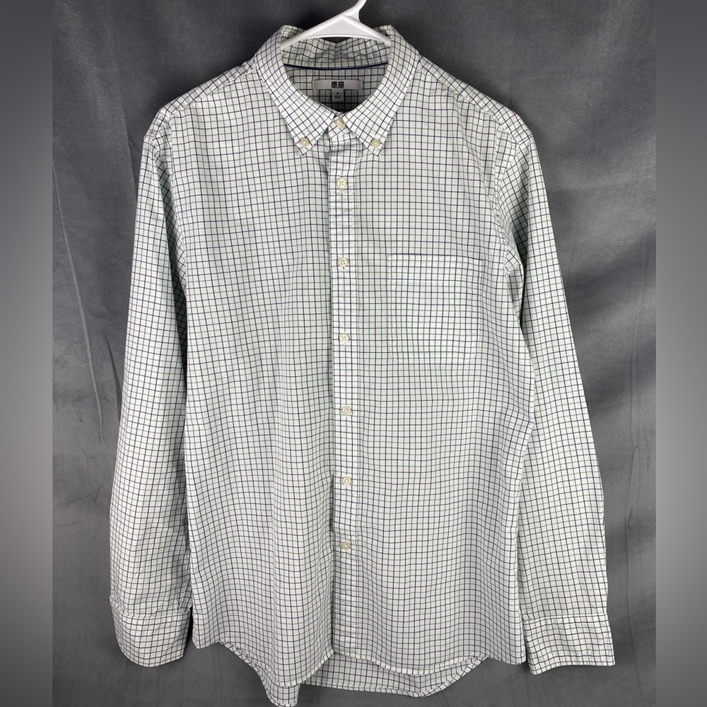 Uniqlo Men's Button Up Long Sleeve White Blue Green Check Pattern Size M